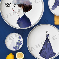 Mode élégante-Collection d'assiettes en porcelaine florale avec illustrations de robe et accents de rose violette