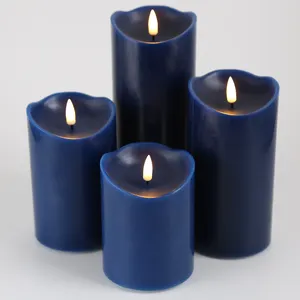 Matti's Home Decoration Smooth Blue Color Pillar Paraffin Wax Remote Control 3d Real Flame LED Candles