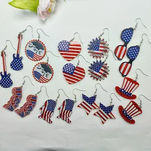 2024 Wholesale Fourth July Independence Day USA Earrings Red White Blue Star Heart Butterfly American Flag Dangle Earrings