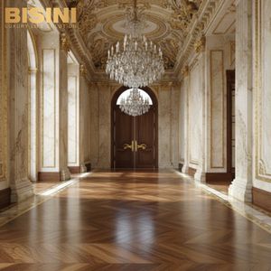 <span class=keywords><strong>Parquet</strong></span> en noyer à chevrons sur mesure, style italien majestueux et sophistiqué, avec incrustations de marbre blanc et de laiton, pour hall d'entrée. - Product Image 4