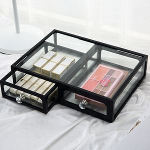 <span class=keywords><strong>Commode</strong></span> empilable vintage en verre et ABS, design moulé par injection, <span class=keywords><strong>2</strong></span> <span class=keywords><strong>tiroirs</strong></span> transparents pour pinceaux de maquillage, rouges à lèvres et cosmétiques - Product Image 1