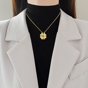 Kalung Hati Bersambung Trendy Liontin Semanggi Baja Titanium Berlapis Emas Rantai Link 2 Cara Pakai Perhiasan Kristal Penuh - Product Image 5