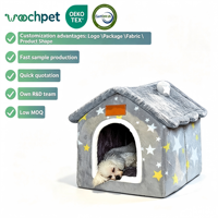 Lit-cave pour chat de style maison, personnalisé par le fabricant, portable, moderne, gris, à imprimé étoiles, chaud et en peluche pour l'hiver