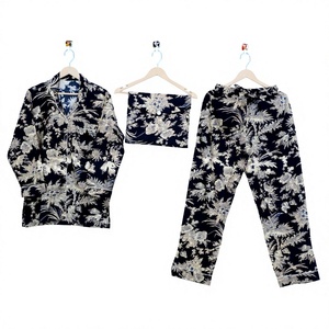 Ensemble de pyjama pour femmes en coton 100% imprimé floral, manches trois quarts, col mandarin, longueur intégrale, tissu doux, 3 pièces, été automne - Product Image 1
