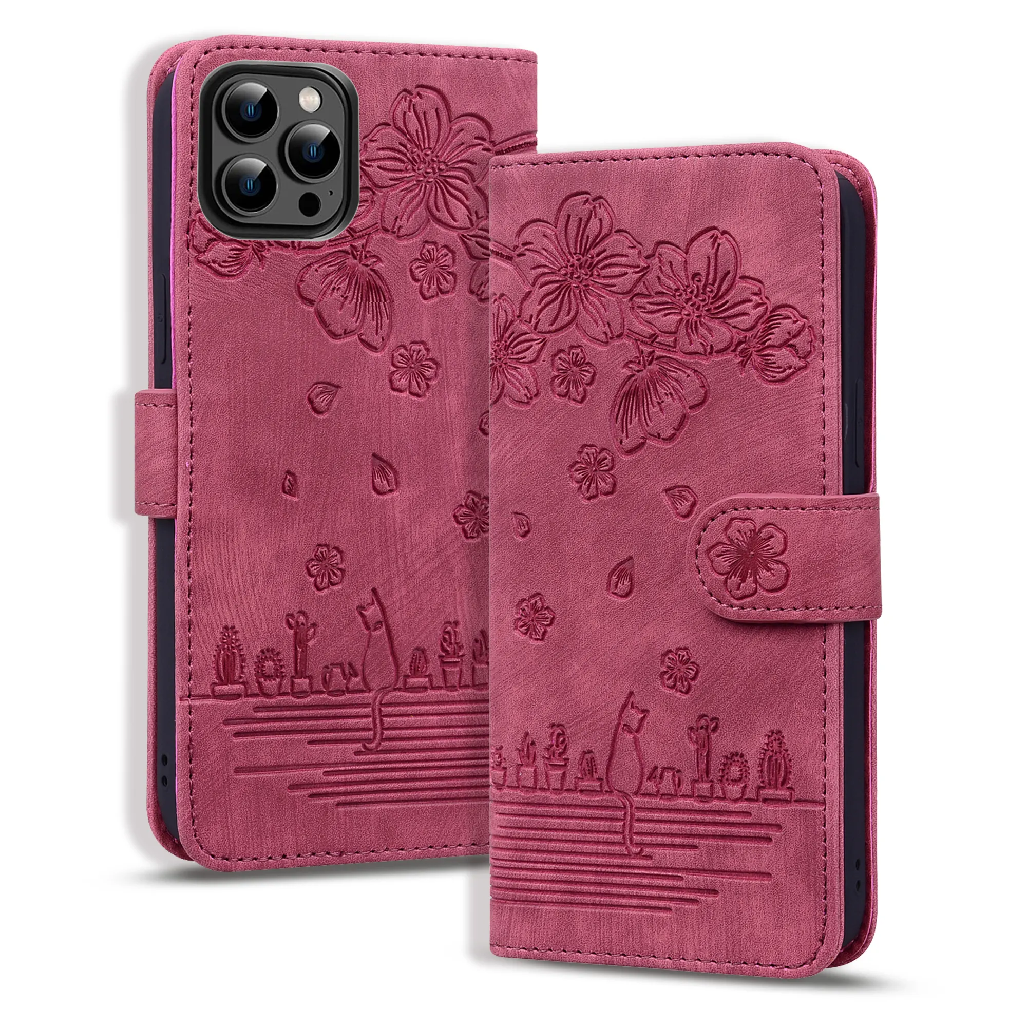 PU Leather Embossed Wallet Card Slot Phone Case For Iphone 14 13 12 11 Mini Pro Max Retro Sakura Flower Leather Flip Book Cover