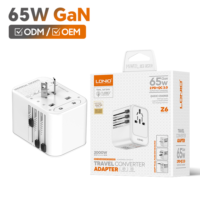 LDNIO Z6 GaN Extension Cord USB PD Wall Power Multi Plug Universal Travel Adapter Dual Type-C PD Ports Power Adapter Wholesale
