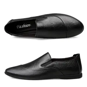 big size 37-44 first layer cowhide slip on driving loafers black real leather casual beanie shoes for men