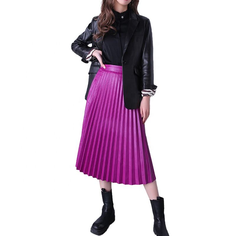 Vestido de cuero de cintura alta para mujer, faldas plisadas de