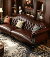 Klassisches Amerikanisches Vintage-Sofa-Set aus Gestepptem Leder mit Massivholz-Geschnitztem Rahmen für Villa-Wohnzimmer Hochwertige Wohnmöbel