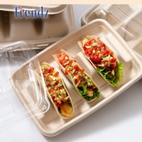 Boîte à lunch biodégradable Trendz en bagasse de canne à sucre, emballage pour tacos, récipient alimentaire jetable, porte-tacos à 3 compartiments avec couvercle