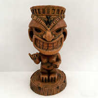 Figurine Personnalisée Nouveauté en Résine Tiki Bobble Head avec Geste Shaka, Décoration Vintage Effet Bois pour Bar à Domicile