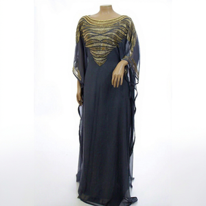 Elegant Blue Solid Floor Length <b>Gold</b> Beaded High Neck Long Sleeve <b>Evening</b> Party <b>Dress</b> Middle East Style Polyester - Product Image 1
