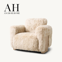 Fauteuil moderne de luxe en tissu imitation fourrure de mouton de Mongolie, confortable, rembourré, base en bois massif, salon, chambre à coucher