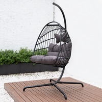 Fauteuil suspendu en rotin PE pliable avec support en métal, chaise à bascule de patio extérieure, coussin imperméable pour jardin