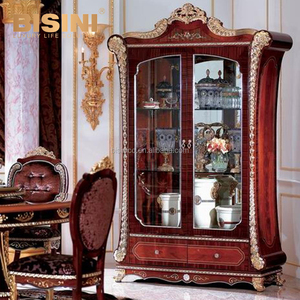 Juego de comedor <span class=keywords><strong>Imperial</strong></span> Vintage vitrina de puerta de vidrio de madera, muebles dorados de 24K gabinete de exhibición de vidrio de chapa de madera exquisita - Product Image 1