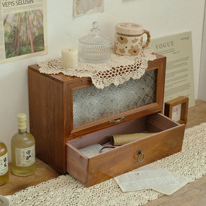 Caja de almacenamiento retro para escritorio, gabinete de madera maciza con cajones y puerta de vidrio para exhibir cosméticos y té - Product Image 1