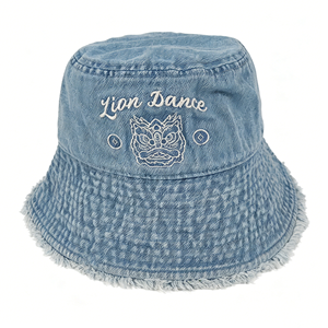 Sombrero de Pescador de Mezclilla con Logotipo Personalizado, Estilo Vintage, Lavado, Azul, Bordado con Danza del León, Protección Solar, Ala Ancha, 100% Algodón - Product Image 1
