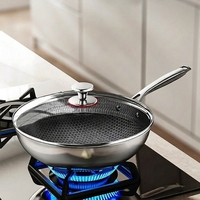 Set Peralatan Masak Rumah Tangga Wajan Penggorengan Anti Lengket Dua Sisi Bahan Stainless Steel Dasar Rata Tutup Kaca Aman untuk Oven Cocok untuk Kompor Gas dan Induksi 3-4L
