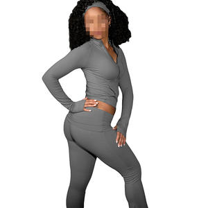 2 Stück Damen Yoga Wear Damen Outfit Jogger Daumenloch Jacke Ausgestellte Hose Zweiteilige Trainings sets für Frauen mit Stirnbändern - Product Image 2