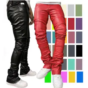 custom logo track pants winter stacked Slim Fit Pu Lather Motorcycle Streetwear Stacked Flare Faux Leather Pants for men