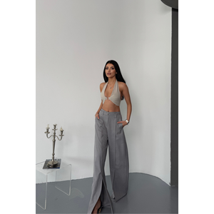 Women's <b>Loose</b>-<b>Fitting</b> Grey Colored Casual <b>Trousers</b> with Front Slit Detail and Belt Breathable Fashion Pants - Product Image 2