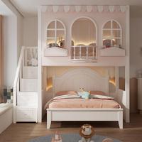 Lit superposé pour enfants sur le thème de la maison de poupées JS FURNITURE avec toboggan et bureau d'étude, ensemble de lit pour enfants en bois blanc