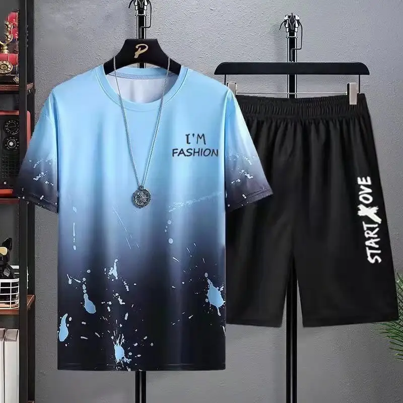 Sports and leisure suit men's summer thin section loose large size color short-sleeved T-shirt + shorts men's 2-piece suit