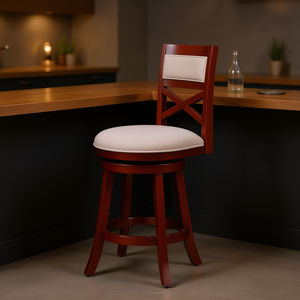 Sgabello da bar girevole con schienale a X da 30 pollici, finitura ciliegio, seduta in tessuto beige, per arredamento bar domestico - Product Image 2