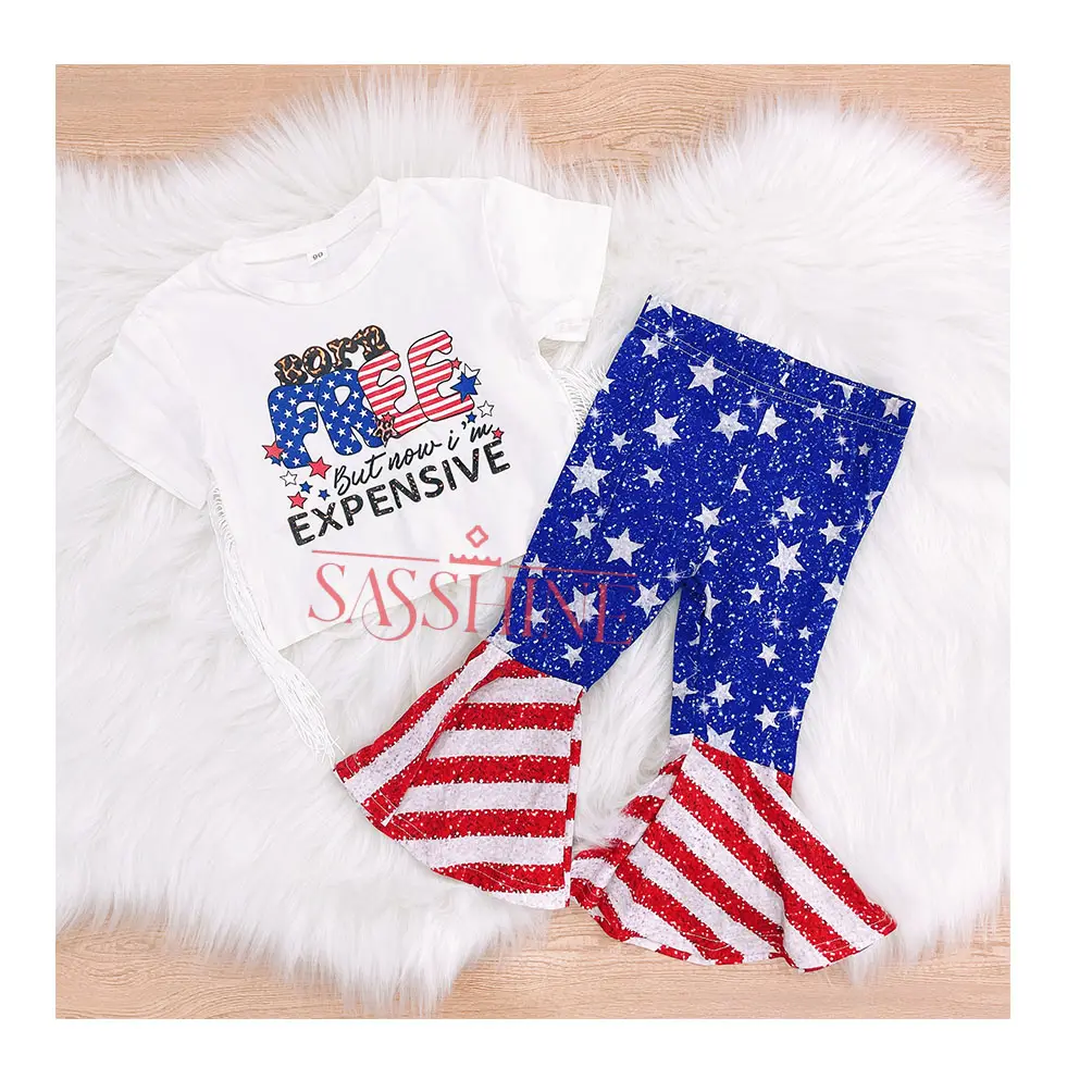 RTS 4th July Patriotic Holiday Outfitis Little Girl Star Stripe Matching Bell-bottom Pant Kids Tassel Letter Print Shirt Sets