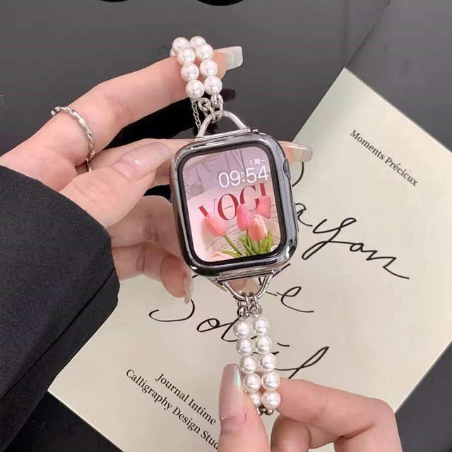 Pearl Stainless Steel Chain Bracelet Strap for Iwatch 8 7 6 5 Wristband for Apple Watch 49mm Ultra 38/42/45mm Jewelry Watch Band