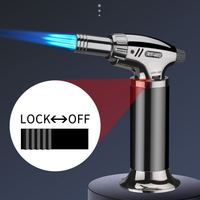Fête en plein air BBQ Butane rechargeable Serrure de sécurité coupe-vent trois feu 1300 ° métal torche jet briquet pour cigare