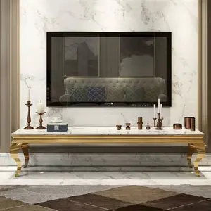 室内闪闪发光的金色电视架大尺寸大理石客厅家具套装供应商高品质豪华风格电视桌