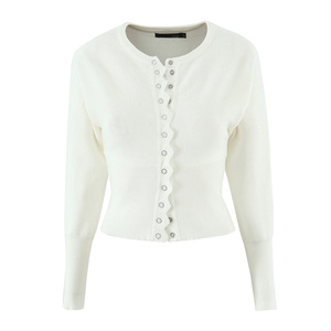 Suéter <span class=keywords><strong>Cardigan</strong></span> Casual de Malha com Decote Redondo e Botão no Ombro em Duas Cores para Mulheres - Product Image 1