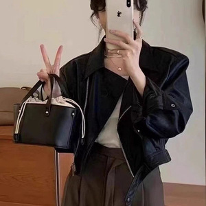 <span class=keywords><strong>Blazer</strong></span> corto largo primavera autunno <span class=keywords><strong>donna</strong></span> con chiusura a cerniera in tinta unita traspirante in <span class=keywords><strong>pelle</strong></span> marrone in tinta unita - Product Image 4