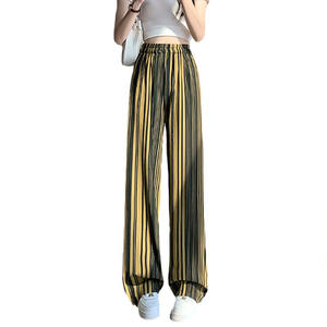 Taille haute jambe droite pantalons décontractés femmes pantalons amples à jambes larges avec un design rayé plissé - Product Image 5