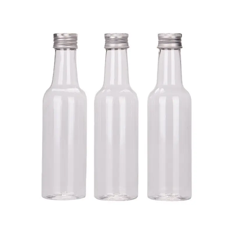 Botella de vino de plástico de forma redonda de cuello largo transparente PET de 150ml creativa para vino tinto, vinagre de manzana, Vdoka Gin, embalaje