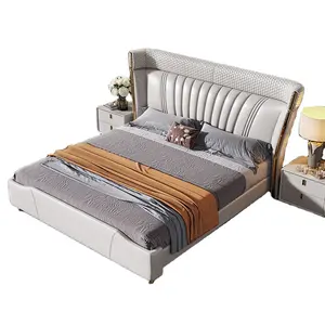Высококачественная современная роскошная темно-серая двойная кровать из кожи и нержавеющей стали