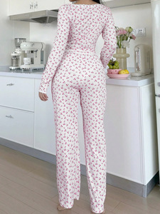 Casual Dames Schattige Lange Mouwen Zachte Pyjama Set Top En Broek Nachtkleding <span class=keywords><strong>2</strong></span> Delige Pyjama Thuis Kleding Set - Product Image 5