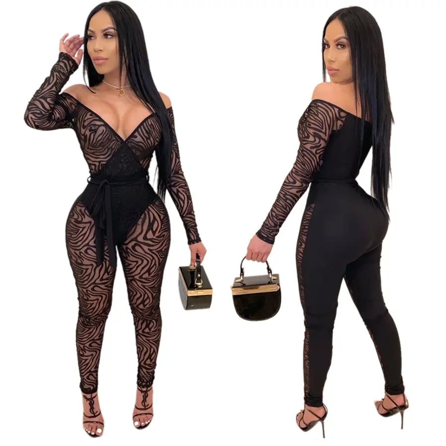 Sexy leopard night club jumpsuit Women's long sleeve bodycon ladies clothing