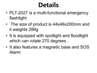 Lampe de poche d'urgence multifonctionnelle PLT-2027 avec projecteur, base magnétique et alarme SOS