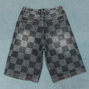 Cut Edge Denim Jogger Sweat Wash Cotton Checkerboard <strong>Shorts</strong> Distressed Streetwear Men Jorts Custom Laser Print Logo Jorts - Product Image 2