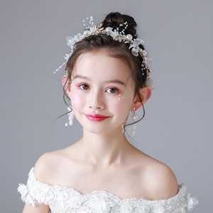 Ensemble de bijoux tiare et boucles d'oreille de mariée pour enfant, accessoires faits à la main, couvre-chef en fleurs, diadème de princesse en perle, cadeau de fête - Product Image 2