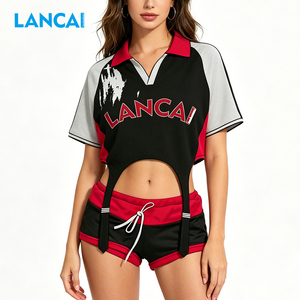 Ensemble 2 pièces décontracté et sportif pour femme LANCAI : Polo court colorblock et short à cordon de serrage - Product Image 3