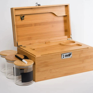 Boîte de rangement en bambou verrouillable avec logo personnalisé, plateau roulant intégré, anti-odeur, pour accessoires de fumage - Product Image 1