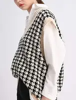 Pull à pied-de-poule personnalisé pour femmes, gilet en laine acrylique français vintage surdimensionné col en v sans manches tricot pull pour dames