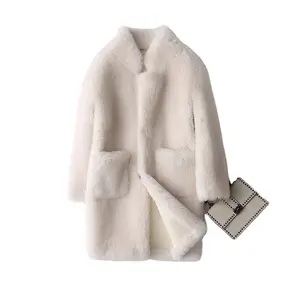 A17833 Real Wool fur coat jacket overcoat women's winter warm genuine fur coats cream color