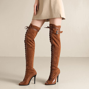 Botas altas hasta <span class=keywords><strong>el</strong></span> muslo con punta abierta para mujer, con cordones, tacón de aguja, de gamuza y charol, para pole dance, con hebilla - Product Image 1