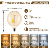 Ampoule à filament LED vintage G125/G40 12W AC120V 220 240V E26 E27 B22 15000H Lumière décorative pour l'éclairage ambiant intérieur de la maison