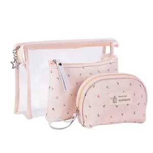 Tas Make Up Transparan Wanita, Kantung Kosmetik Jelly Modis Tahan Air 3 Buah/Set