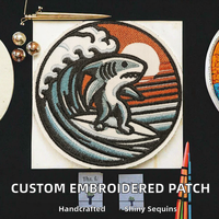 Patchs brodés requin surfeur très demandés - Style badge rond, autocollants décoratifs en tissu pour vêtements